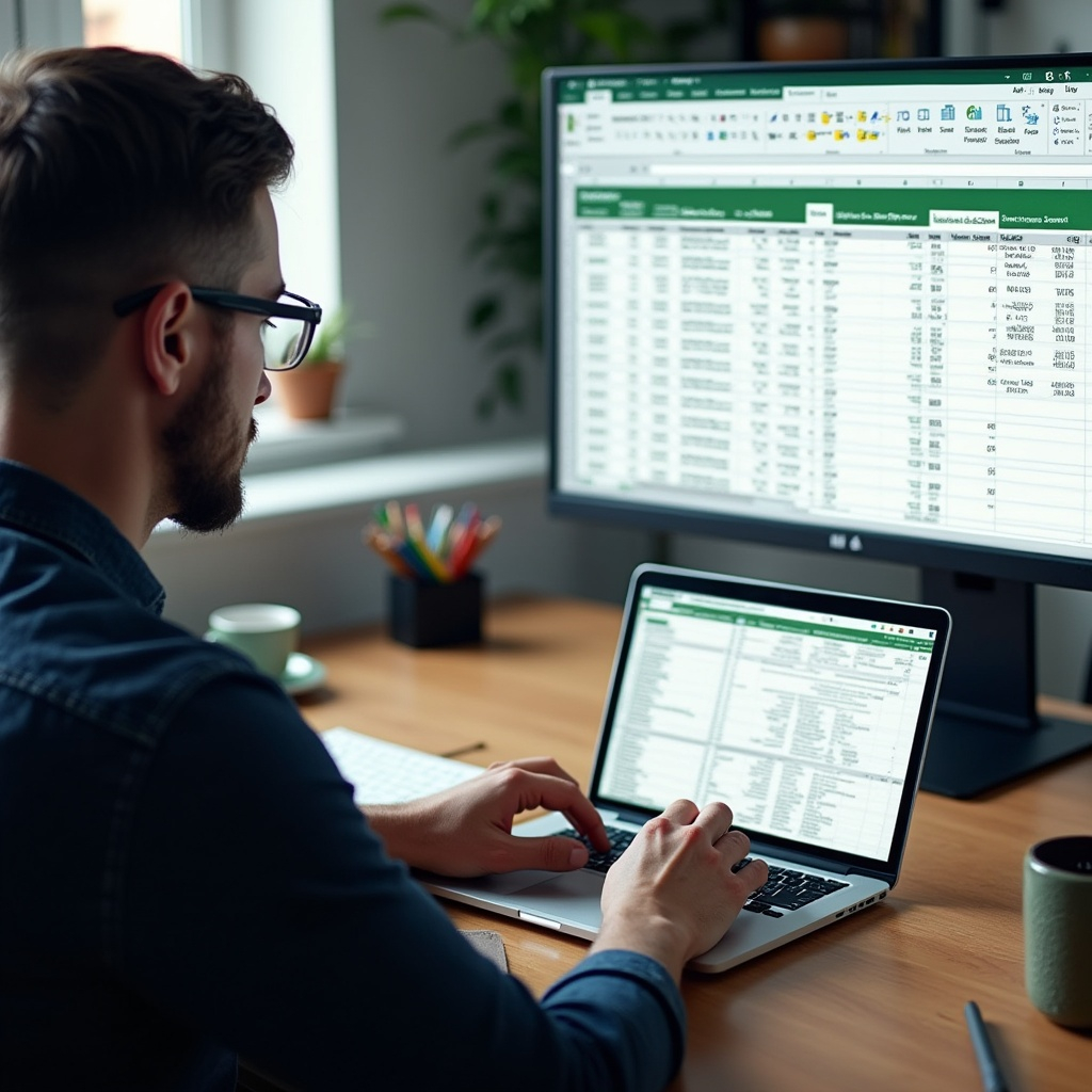 Utilisateur en formation bureautique utilisant Excel sur double écran pour le traitement de données