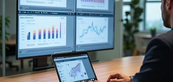 Analyse de données bureautiques avec affichage de graphiques et indicateurs de performance sur écran